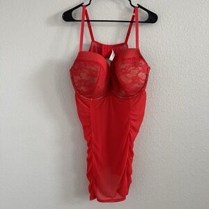 Cacique Red Lace Sheer Ruched Trimmed Babydoll Chemise Lingerie Teddy 26 28